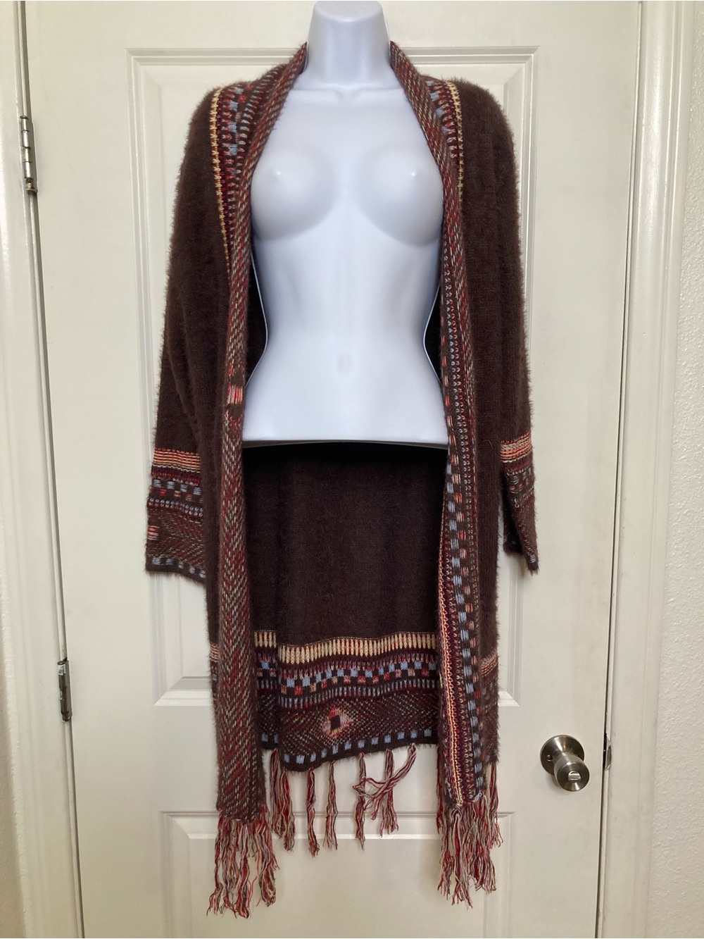 Long Brown Duster Cardigan Sweater Fringe Aztec Tribal Boho Hippie Size S
